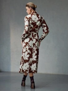 MOTF PREMIUM ALLOVER PRINT BUCKLE TIE NECK LANTERN SLEEVE FOLD PLEATED DRESS