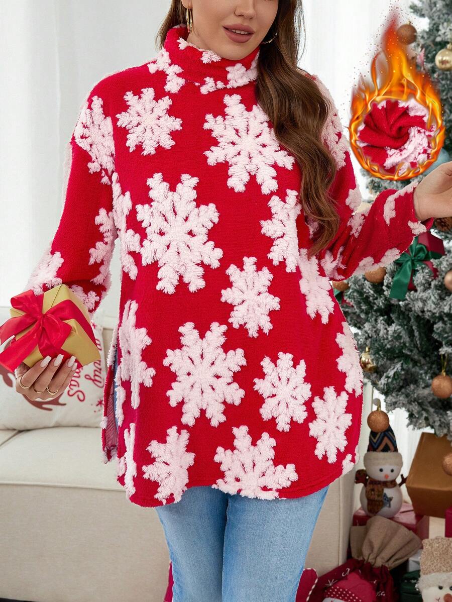 SHEIN LUNE Going Out Tops Christmas Knit Jacquard Snowflake Pattern Soft Turtleneck Warm Fabric T-Shirt, Plus Size Christmas T Shirt Thermal Shirts Fleece Plus Size Fall Clothes - Red and White - View 1