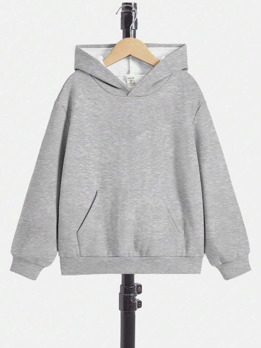 SHEIN Leap Crew Tween Boys' Kangaroo Pocket Drop Shoulder Sweatshirt Cute Casual For Spring And Autumn Daily Wear - Grey - View 1