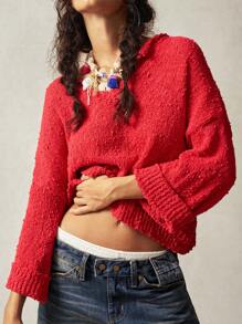 Bohemela Vacation Loose V-Neck Solid Color Dropped Shoulder Long Sleeve Sweater For Women