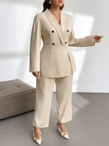 Firerie 大码女士优雅简约时尚商务办公室通勤双排扣西装外套和高腰直筒裤套装，秋冬