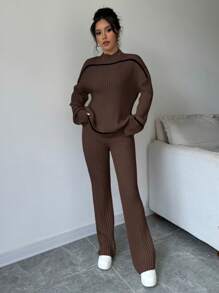 Elenzga 2 件套女式纯色拼布立领长袖休闲上衣和裤子套装 - 咖啡棕 - 查看 6