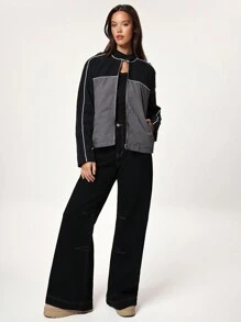 Forever 21 Women Spring Autumn Stand Collar Long Sleeve Colorblock Casual Jacket - Black - View 3