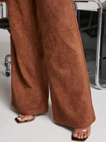 SHEIN Unity Women Solid Color High Waist Pockets Wide Leg Loose Casual Faux Suede Palazzo Pants
