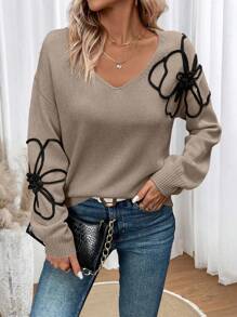 SHEIN LUNE Áo len nữ tay dài cổ chữ V thêu hoa, kiểu dáng thường ngày, thích hợp mặc mùa thu đông. - Cà phê nâu - Xem 1