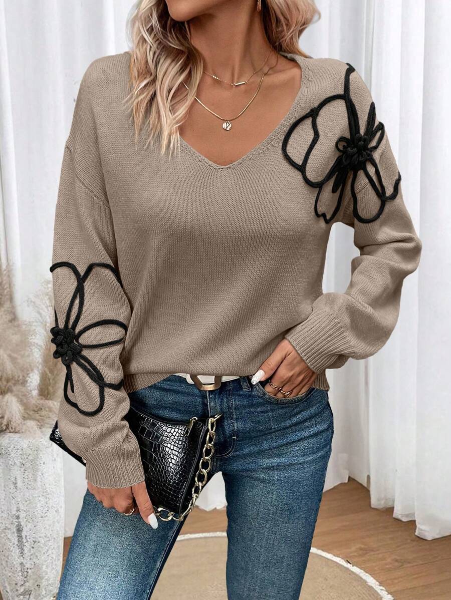 SHEIN LUNE Áo len nữ tay dài cổ chữ V thêu hoa, kiểu dáng thường ngày, thích hợp mặc mùa thu đông. - Cà phê nâu - Xem 1