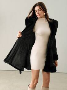 Anewsta Women's Thick Fluffy Trim Fluffy Fuzzy Banded Waist Jacket - Black - View 10