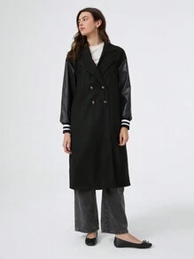 SHEIN EZwear Abrigo cruzado de doble botonadura con hombros caídos y bloques de color, ropa de invierno - Negro - Ver 1