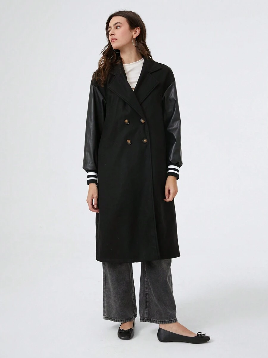 SHEIN EZwear Abrigo cruzado de doble botonadura con hombros caídos y bloques de color, ropa de invierno - Negro - Ver 1