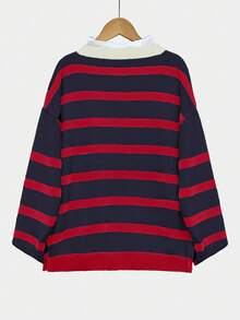 Chiquease 全新撞色心形与条纹图案宽松针织女开衫 - 藏蓝色 - 查看 2