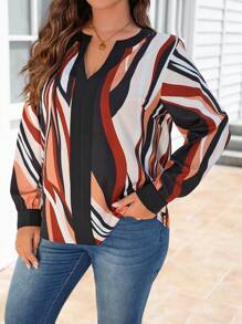 SHEIN LUNE Plus Size damska kolorowa bluzka w paski z dekoltem w serek z bufiastymi rękawami, swobodna, elegancka, wiosna, jesień