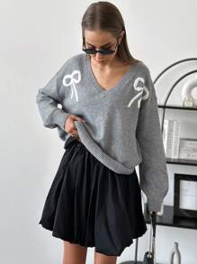 Aloruh New Christmas Green Knit Pullover Sweater With Bow Decor, Warm For Autumn/Winter - Green - View 1