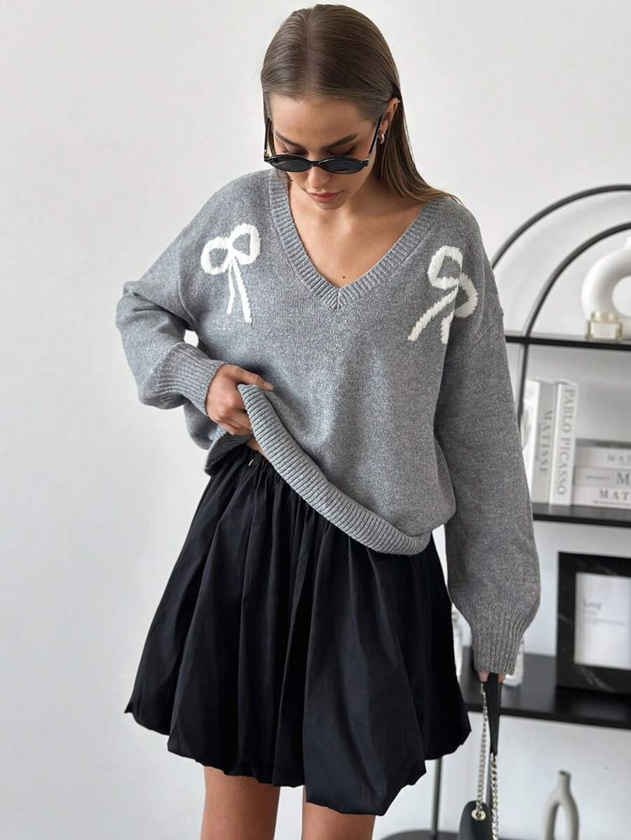 Aloruh New Christmas Green Knit Pullover Sweater With Bow Decor, Warm For Autumn/Winter - Green - View 1