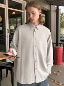 Manfinity VCAY Camisa de manga larga de tejido holgada informal para hombres