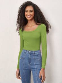 SHEIN BASICS Women's Solid Color Round Neck Long Sleeve Casual Tops - Green - View 1