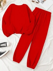 SHEIN Slayr Conjunto de 2 piezas de top de manga larga con cuello redondo y pantalón con bolsillo con estampado de dibujos animados para mujer - Rojo - Ver 2