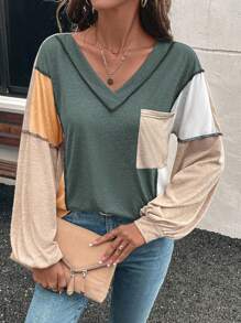 SHEIN LUNE 女士休闲宽松 V 领长袖 T 恤，拼色缝线，外露口袋设计，适合娇小身材 - 彩色 - 查看 5