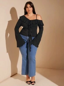 SHEIN BAE Plus Size Women's Black Asymmetrical Neck Ruffled Neckline Flared Long-Sleeved Spaghetti Strap Top Suitable For Commuting And Sweet Dating Outfit Plus Size Fall Clothesoing Out Spaghetti Strap Tops Women Long Sleeve Plus Size Shirts Women Long Sleeve Spaghetti Strap Top Christmas Women Clothes Thanksgiving Shirt Women Plus Clothing Christmas Women Plus Clothing Fall Plus Size Teacher Ladies Christmas Spaghetti Strap Top Business Casual Woman