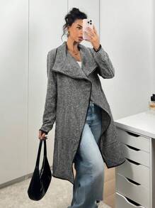 SHEIN EZwear 女士休闲灰色人字纹常规夹克，秋冬 - 深灰色 - 查看 5