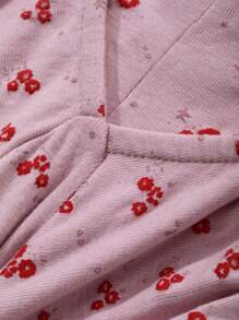 DAZY Ditsy Floral Deep V-Neck Long Sleeve Top And Skinny Pants Pajama Set, Fall Winter Clothes - Pink - View 9