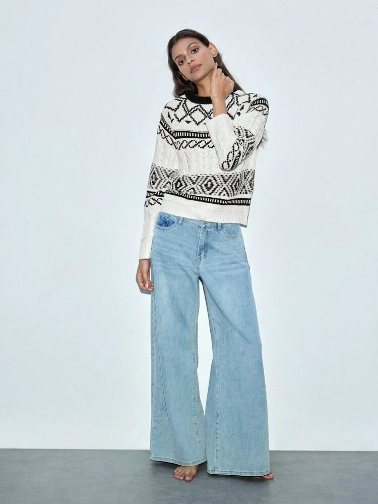 SHEIN Maija Women's Christmas Season Black & White Pattern Twist Knit Warm Feeling Loose Pullover Sweater, Autumn/Winter