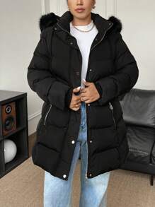 Calvaya Abrigo acolchado con cremallera, capucha y cuello esponjoso de unicolor en talla grande para ropa de invierno - Negro - Ver 5
