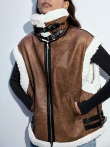 Maija Women Casual Shearling Trim PU Leather Lapel Spring Jacket - Khaki - View 7