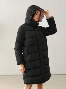 Anewsta 女士中长款可拆卸撞色连帽厚垫大衣 - 黑色 - 查看 8