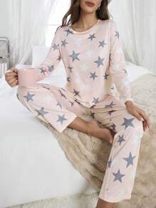 Women 2pcs Comfy Star Print Pajama Top And Pants Set, Autumn, Fall Clothes  Cozy And Elegant Details