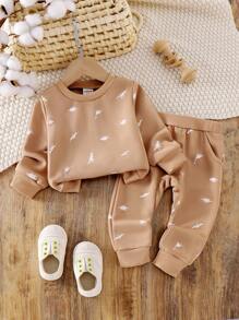 SHEIN Genkimix Kids Baby Boy Khaki Dinosaur Print Round Neck Long Sleeve Sweatshirt And Pants Casual Set, Autumn/Winter - Khaki - View 6
