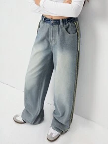 SHEIN Teen Girl Medium Washed Blue Fashion Personalized Casual Wide Leg Jeans