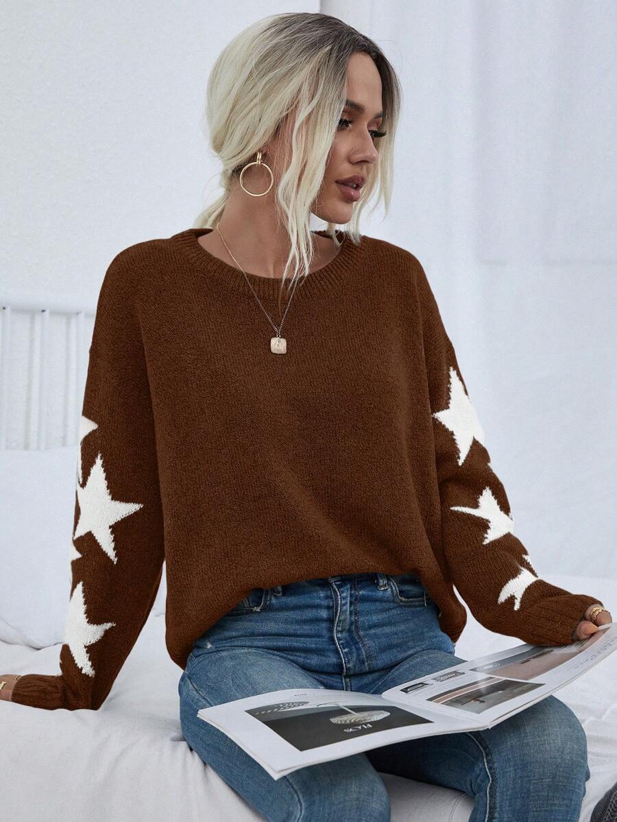 SHEIN LUNE Women's Casual Round Neck Dropped Shoulder Long Sleeve Star Pattern Knit Sweater, Autumn/Winter - Rust Brown - View 1
