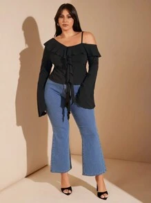 SHEIN BAE Plus Size Women's Black Asymmetrical Neck Ruffled Neckline Flared Long-Sleeved Spaghetti Strap Top Suitable For Commuting And Sweet Dating Outfit Plus Size Fall Clothesoing Out Spaghetti Strap Tops Women Long Sleeve Plus Size Shirts Women Long Sleeve Spaghetti Strap Top Christmas Women Clothes Thanksgiving Shirt Women Plus Clothing Christmas Women Plus Clothing Fall Plus Size Teacher Ladies Christmas Spaghetti Strap Top Business Casual Woman