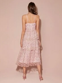 Enchnt Women's Pink V-Neck Mesh Embroidered Floral Waist With Cake Tiered Hem, Thin Sleeveless Waist And Elegant, Cute Long Spaghetti Strap Dress, French Spaghetti Strap Dress, Party, Date Spaghetti Strap Dress, Pastoral Spaghetti Strap Dress, Holiday, Fall Winter