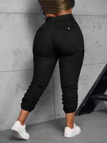 SHEIN SXY Quần Jeans Skinny Ôm Vừa Cỡ Lớn Cho Nữ Có Túi Eo Bất Đối Xứng - màu đen - Xem 2
