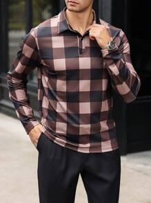 Manfinity Mode Camisa Polo Masculina Casual de Outono com Padrão Xadrez em Blocos de Cores - Multicolorido - Visão 3
