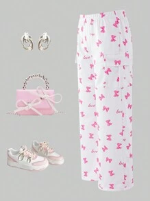 SHEIN Tween Girls Cute Bow Graphic Print Wide Leg Sweatpants, Loose & Fashionable Casual Style