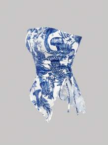 SHEIN X ELOISA & ORSON SHEIN MOD Top bandeau con estampado floral y borde asimétrico, chalecos retro, chalecos nómadas, blusas de pirata, top de Año Nuevo, disfraz de vaquera, ropa de hippie para mujer, top de corsé azul