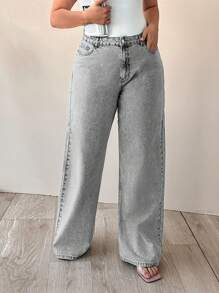 EURMUSE HIGH WAIST WIDE LEG CUT PLUS SIZE  JEANS - Grey - View 8