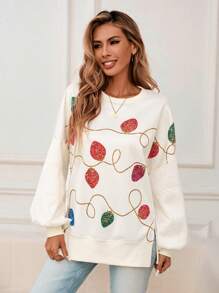 SHEIN LUNE Christmas Neon Lights Print Crew Neck Slit Cuff Long Sleeve Sweatshirt For Women, Casual Winter Christmas Sweatshirt Sudaderas Moletom Crewneck Sweatshirt Christmas Sweatshirt Women