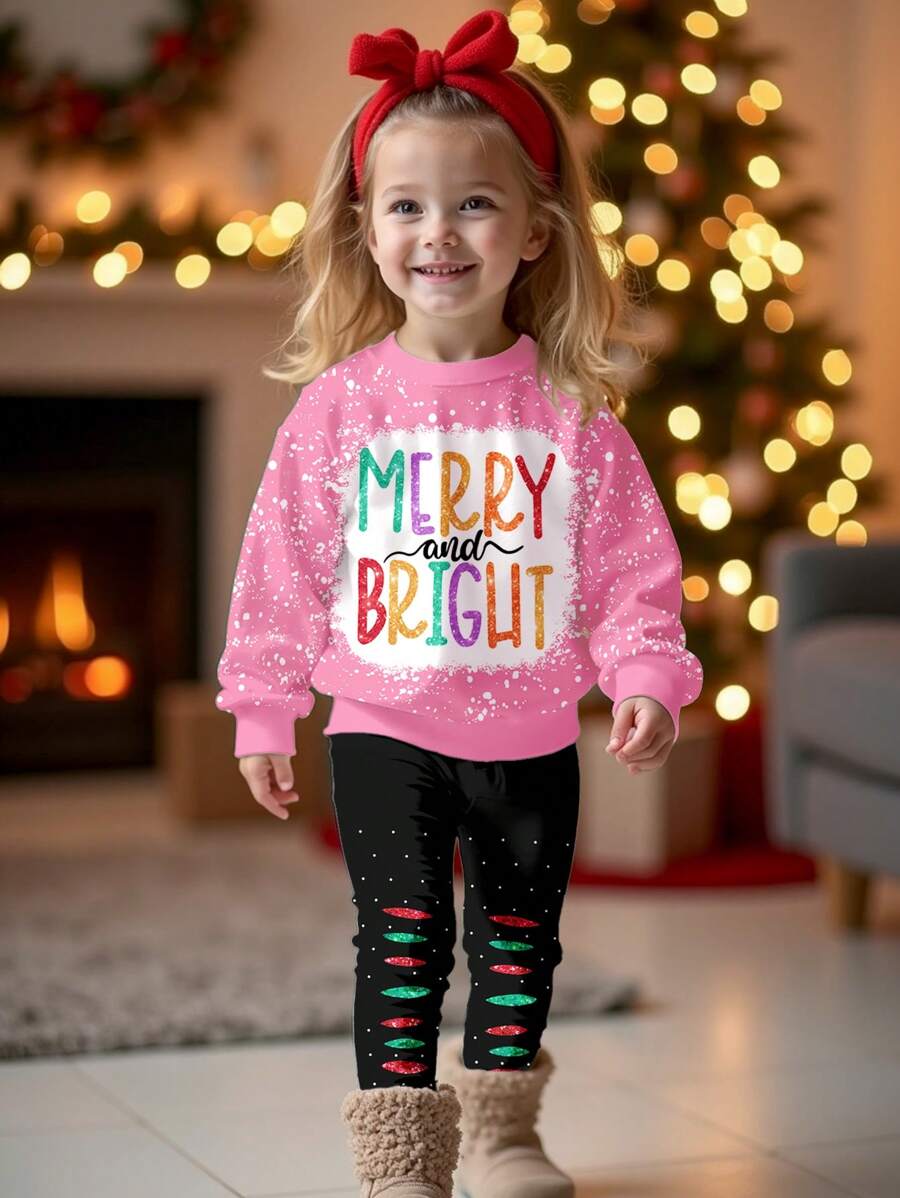SHEIN 圣诞快乐明亮年轻女孩休闲圆领长袖运动衫和紧身裤 2 件套服装，适合秋冬季 - 彩色 - 查看 1