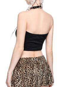 ROMWE Goth Y2K Studded Cross Wing & Vine Print Cropped Halter Tank Top For Women, Black