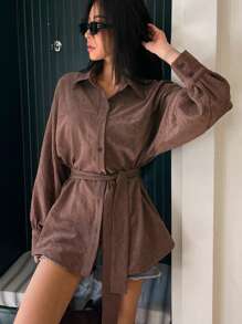 DAZY 1pc Women Solid Color Loose Fit Long Sleeve Shirt With Belt,Fall Clothes - Brown - View 4