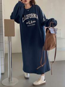 DAZY Women's Solid Color Fleece Casual Loose Long Sleeve Printed Mid-Length Dress Fall,Winter