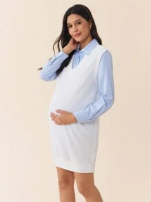 SHEIN 2pcs Maternity Outfit - Blue & White Striped Shirt With V-Neck Knit Long Sleeve Dress, Autumn & Spring - Blue and White - View 6