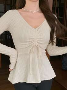 DAZY 女式简约 V 领纯色系带长袖休闲 T 恤，荷叶边