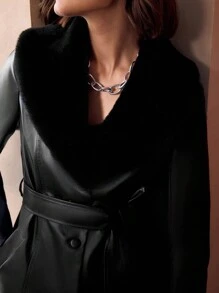 MOTF PREMIUM PU LEATHER CONTRAST FUZZY COLLAR BELTED LONGLINE COAT - Black - View 3