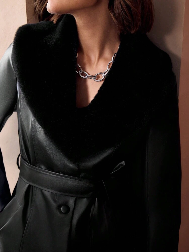 PU LEATHER CONTRAST FUZZY COLLAR BELTED LONGLINE COAT