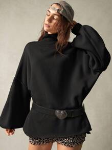 Bohemela 宽松纯色针织高领灯笼袖女式运动衫，秋冬休闲/度假 - 黑色 - 查看 7