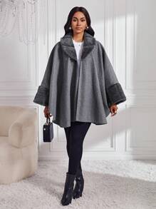 SHEIN Lady Gray Fur Patchwork Women's Regular Coat Cape Loose Silhouette Women's Regular Coat Winter - Grey - View 3